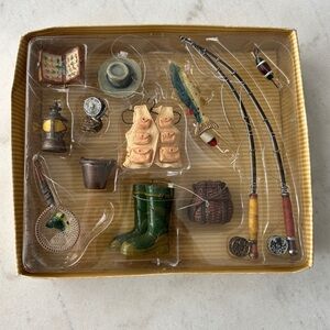 Vintage Bronners Fishing Gear Miniature ornament Set